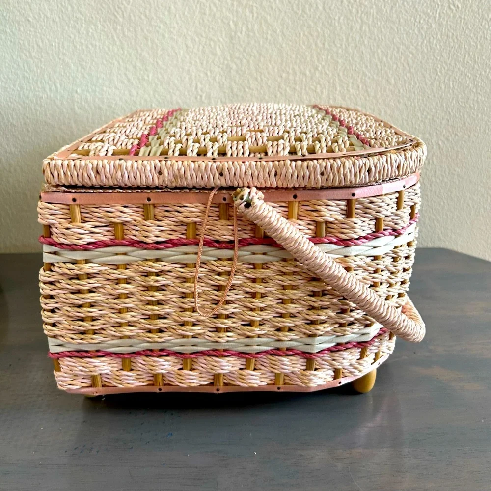Vintage Sewing Basket Large Pink Rattan Original Clear Tray for Penny’s in Japan